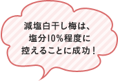  減塩白干し梅は、塩分10%程度に控えることに成功！