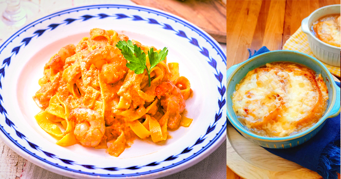 えびのビスク風パスタ&オニオングラタンスープ