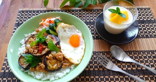 【7月開催】～旬の野菜を使って ～ なすとしその和風ガパオ＆パイナップルの牛乳プリン